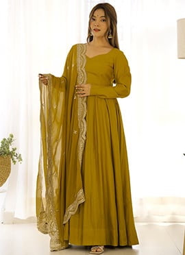 Mustard Chanderi Silk Embroidered Anarkali Suit