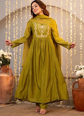 Mustard Chanderi Silk Embroidered Sequin Anarkali Suit