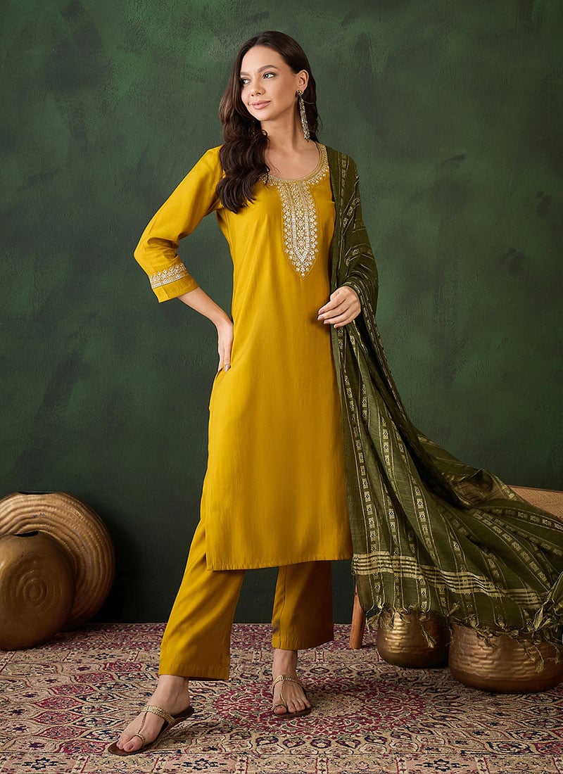 Mustard Chanderi Silk Embroidered Sequins Kurta Straight Pant Set After Six Wear