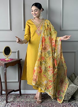 Mustard Chanderi Silk Embroidered Sequins Straight Pant Suit With Digital Print Dupatta