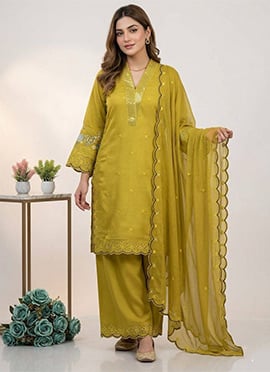 Mustard Chanderi Silk Embroidered Sequins With Cutwork Palazzo Suit