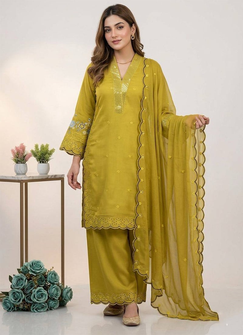 Mustard Chanderi Silk Embroidered Sequins With Cutwork Palazzo Suit Festive Wear