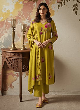 Mustard Chanderi Silk Embroidered Straight Pant Suit