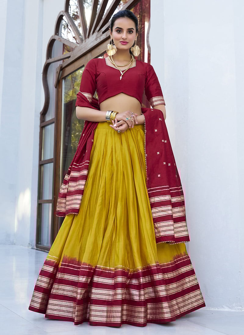 Mustard Chanderi Silk Zari Work Lehenga