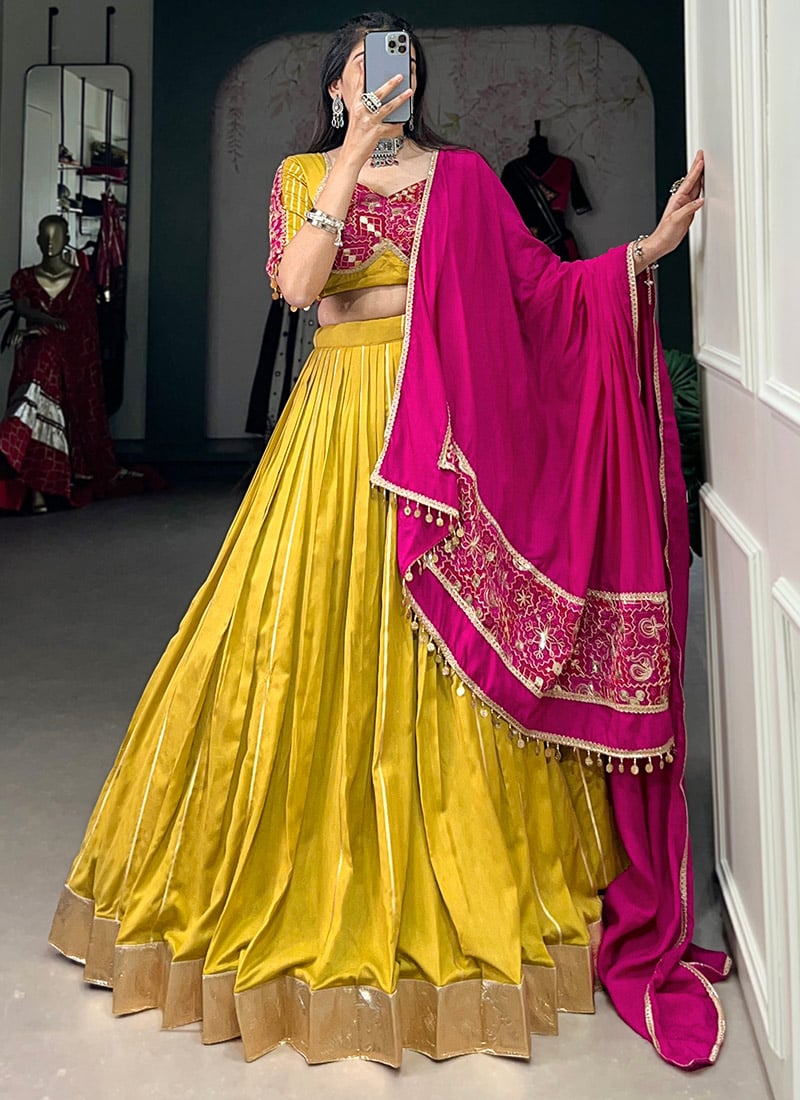 Mustard Chanderi Zari Embroidered Stunning Lehenga