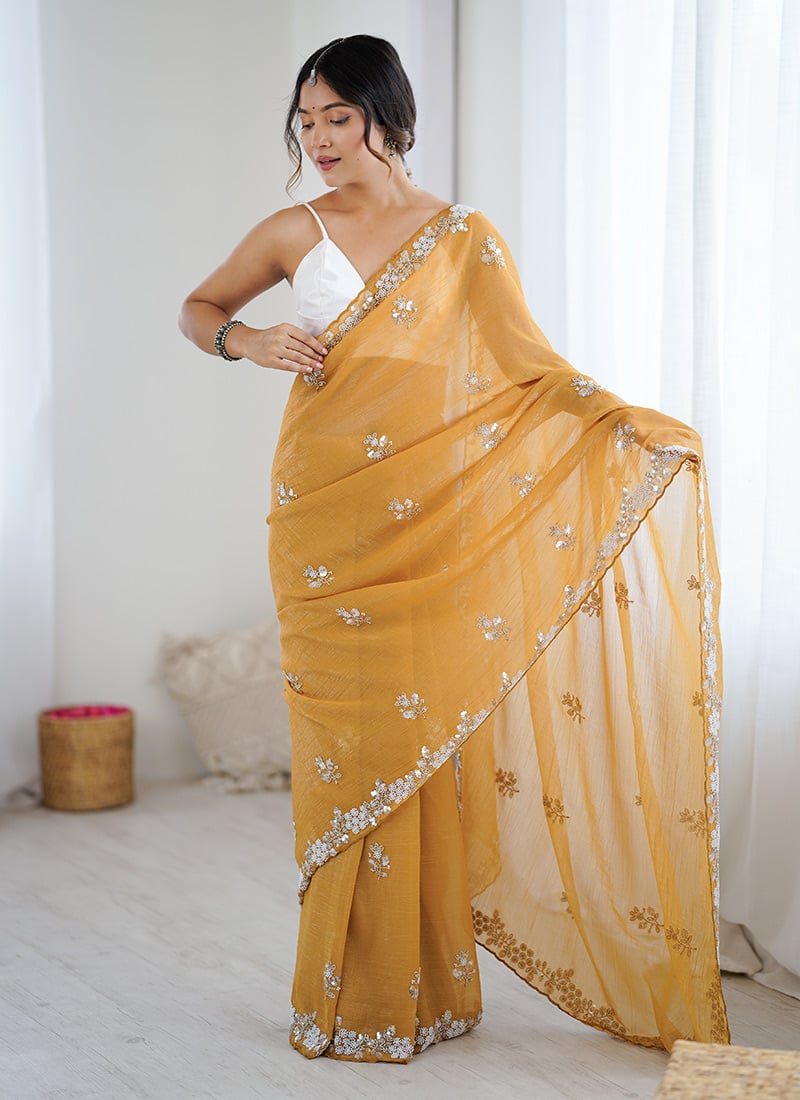 Mustard Chiffon Crush Beads And Sequins Embellished Saree After Six Wear