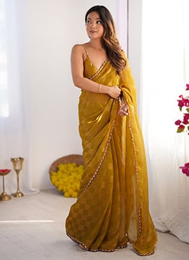 Mustard Chiffon Cutdana Lace Work Saree