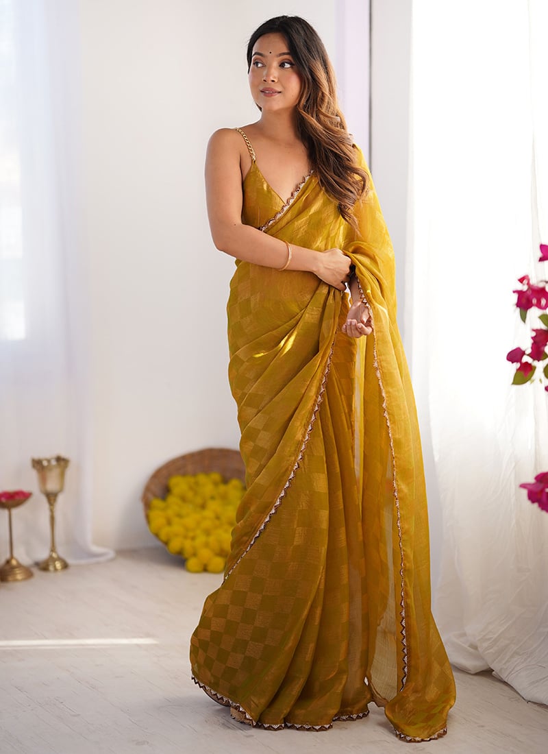 Mustard Chiffon Cutdana Lace Work Saree Festive Wear