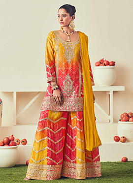 Mustard Chinon Bandhini Print Embroidered Mirror Work Sequins Palazzo Suit