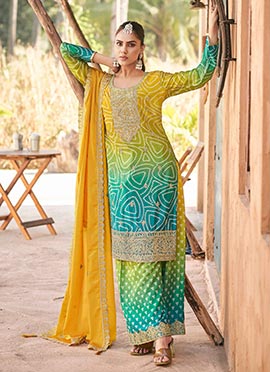 Mustard Chinon Bandhini Print Embroidered Sequins Classy Palazzo Suit