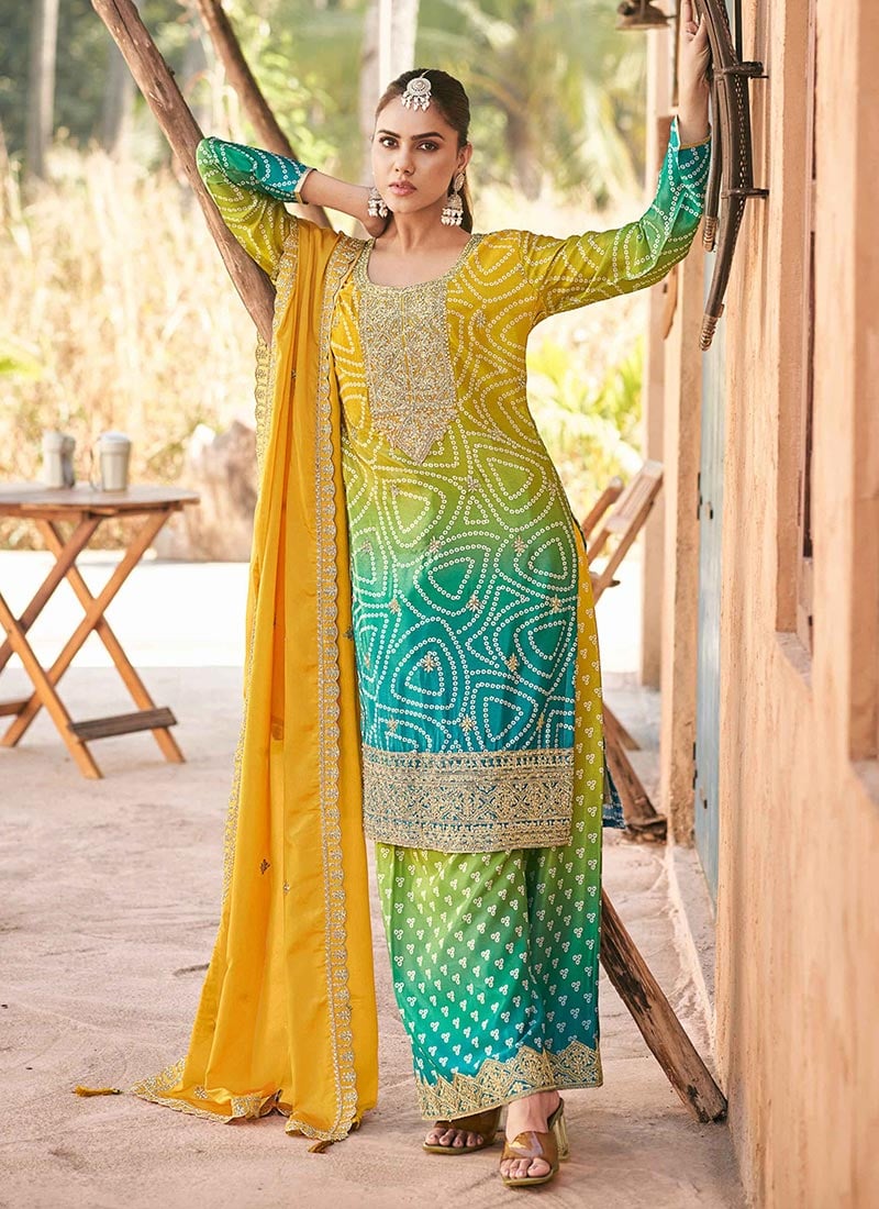 Mustard Chinon Bandhini Print Embroidered Sequins Classy Palazzo Suit Festive Wear
