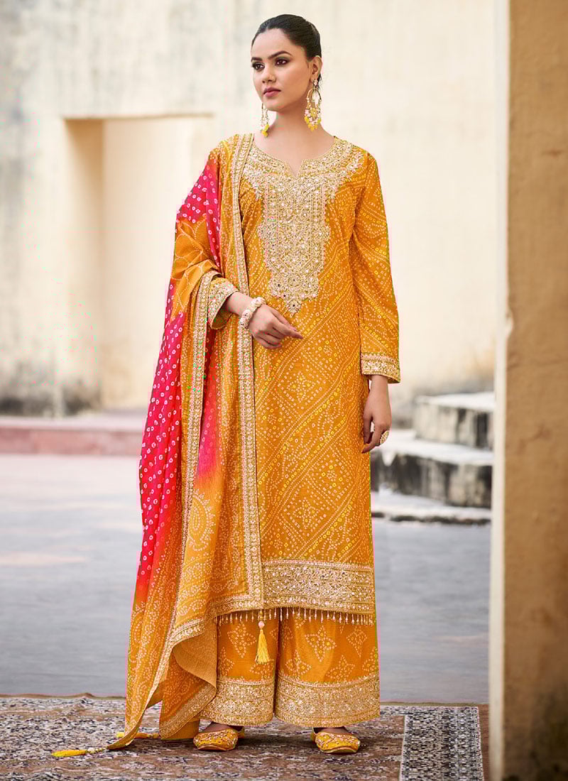Mustard Chinon Bandhini Print Embroidered Sequins Palazzo Suit Festive Wear