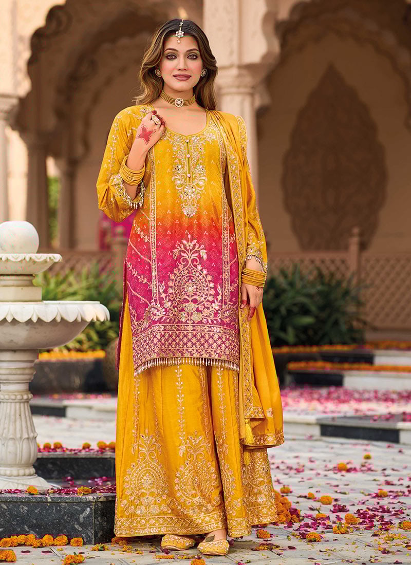Mustard Chinon Bandhini Print Embroidered Sequins Palazzo Suit Festive Wear
