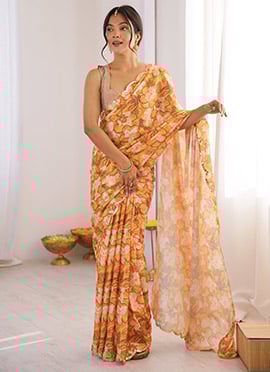 Mustard Chinon Digital Print Cut Work Foil Mirror Border Saree