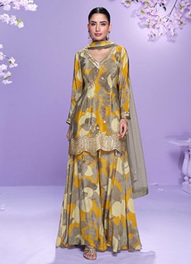 Mustard Chinon Digital Print Zari Embroidered Sequins Palazzo Suit