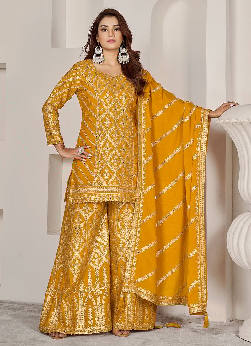 Mustard Chinon Embroidered And Mirror Work Pakistani Palazzo Suit Festive Wear