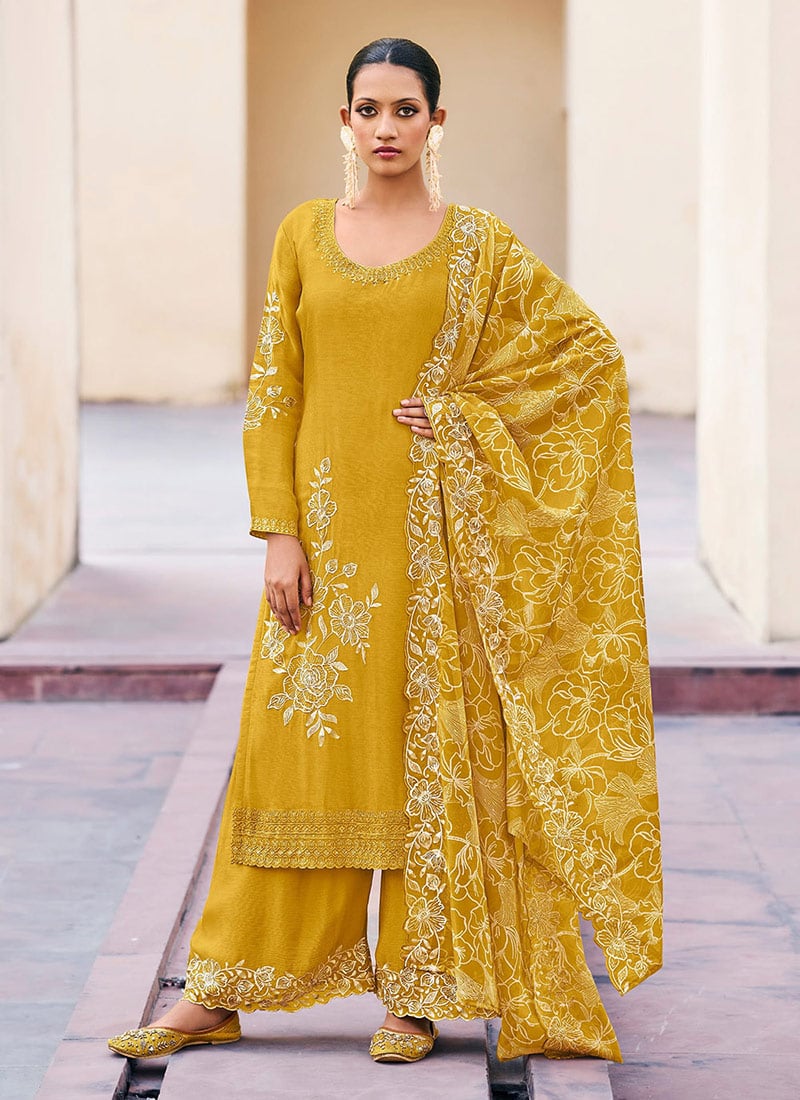 Mustard Chinon Embroidered Palazzo Suit