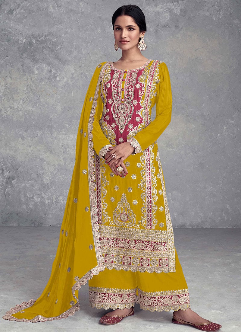 Mustard Chinon Embroidered Sequins Gota Work Palazzo Suit Elegance Wedding Wear