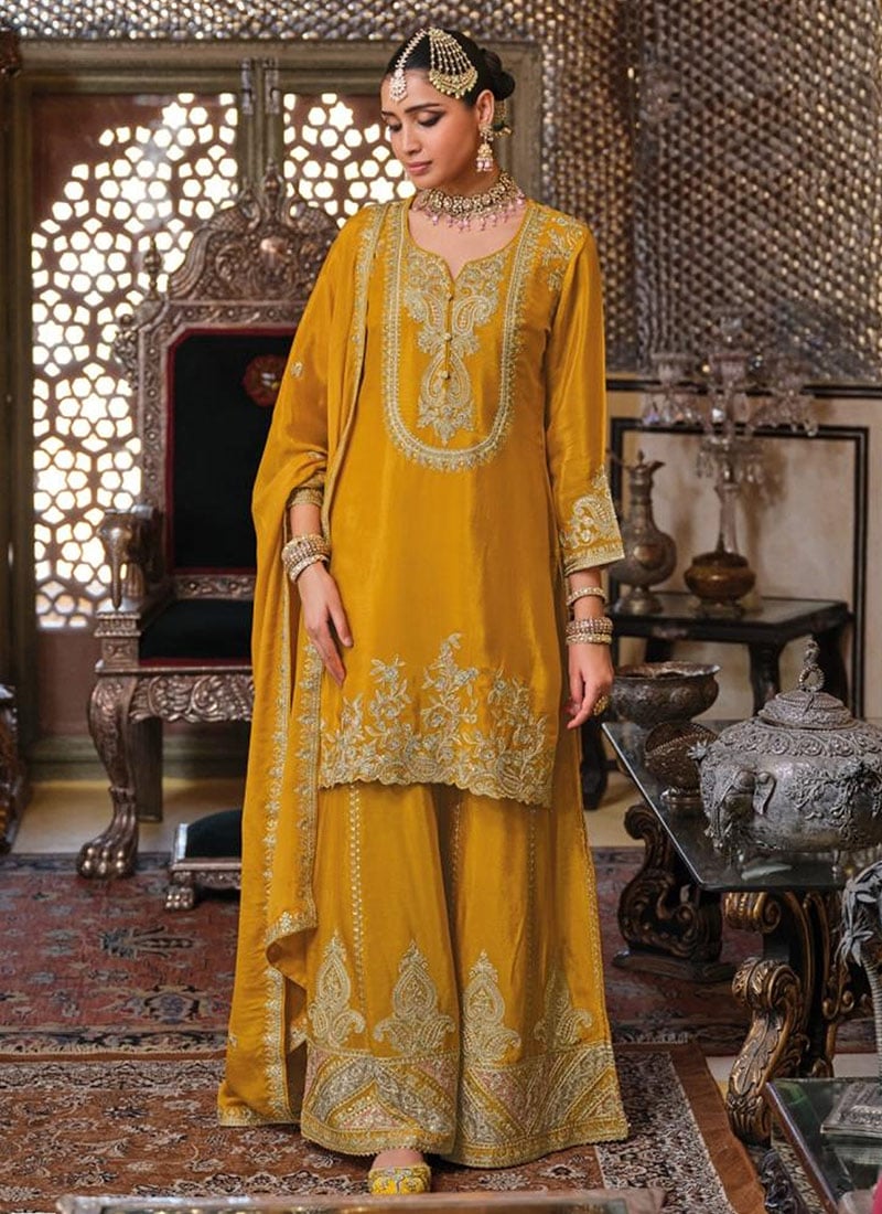 Mustard Chinon Embroidered Sequins Mirror Work Palazzo Suit Festive Wear