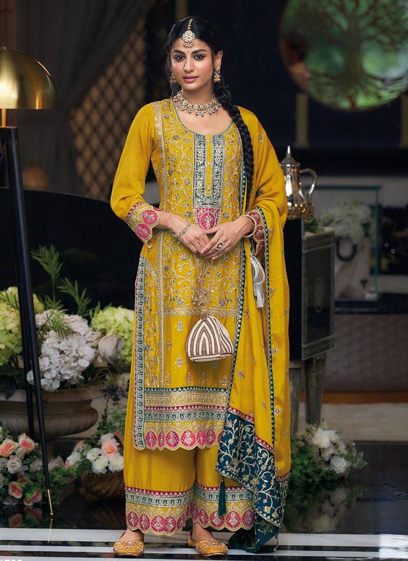 Mustard Chinon Embroidered Sequins Pakistani Palazzo Suit