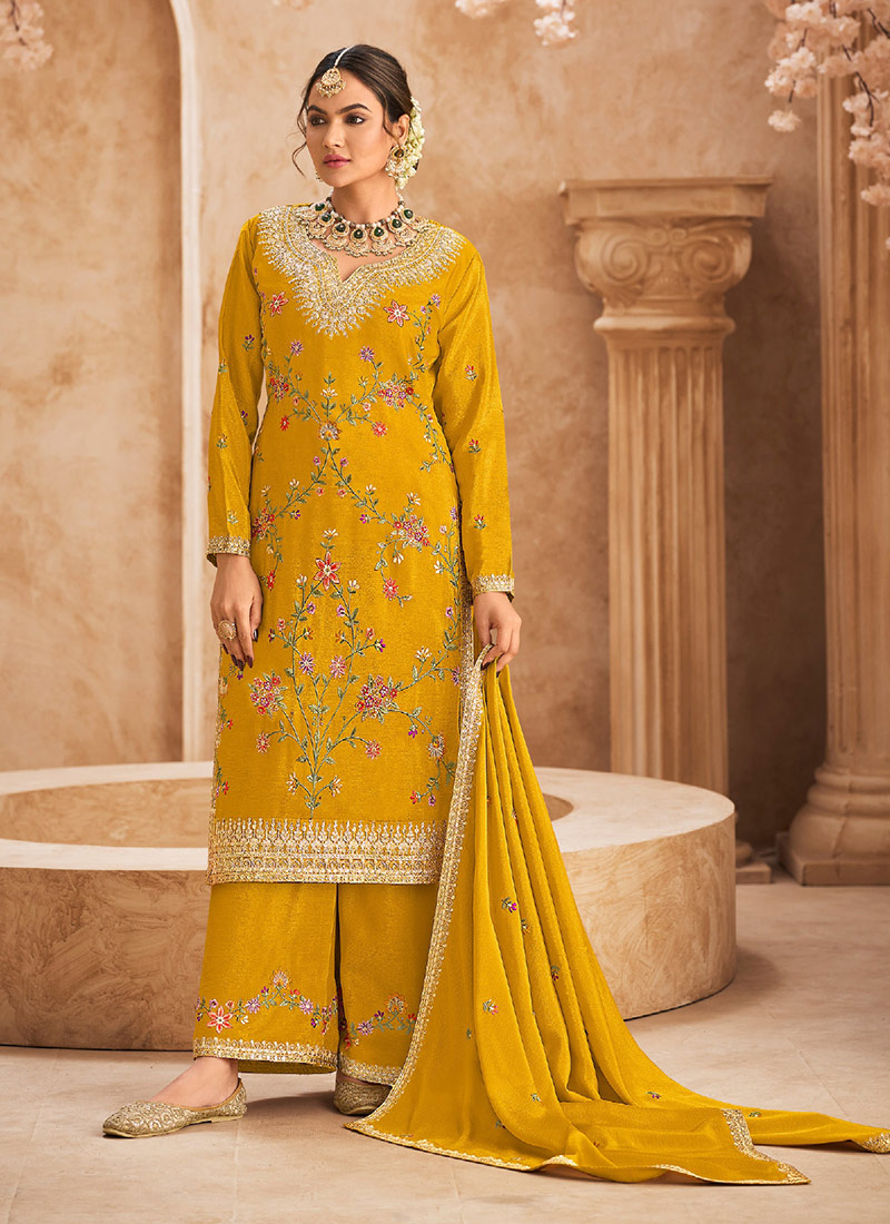 Mustard Chinon Embroidered Sequins Palazzo Suit Festive Wear-SLSCC56064002