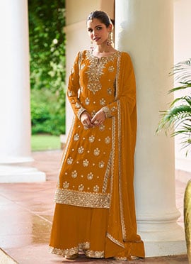 Mustard Chinon Embroidered Sequins Palazzo Suit