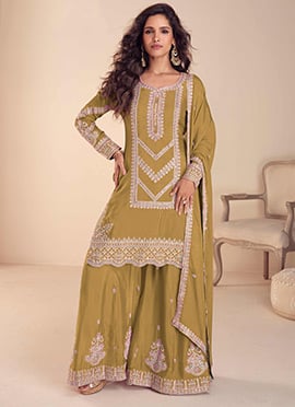 Mustard Chinon Embroidered Sequins With Beads Work Pakistani Palazzo Suit