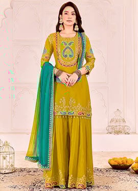Mustard Chinon Embroidered Sequins With Beads Work Sharara Suit