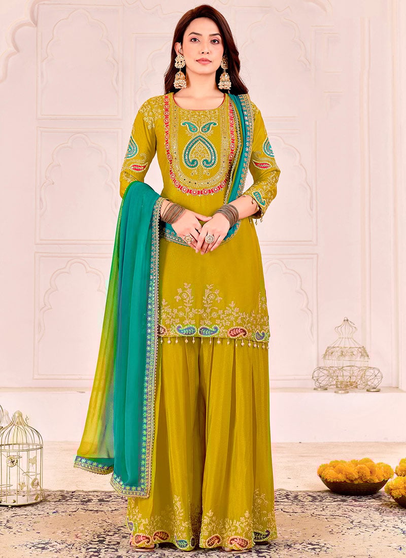Mustard Chinon Embroidered Sequins With Beads Work Sharara Suit  Festive Wear
