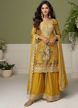 Mustard Chinon Embroidered Stones Sequins Printed Palazzo Suit