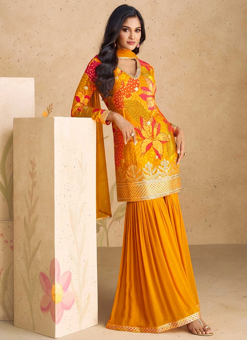 Mustard Chinon Floral Digital Print Embroidered Palazzo Suit For Stylish Party Wear