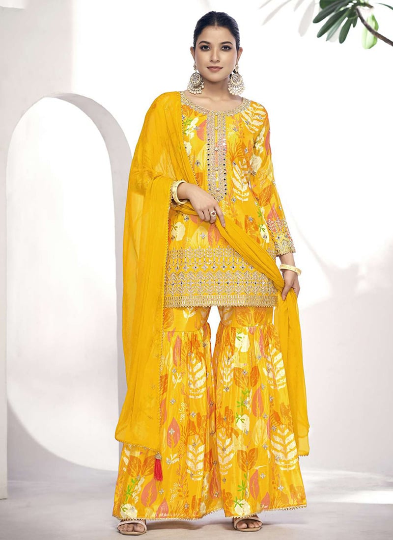 Mustard Chinon Floral Print Embroidered Mirror Work Chic Sharara Suit Party Wear