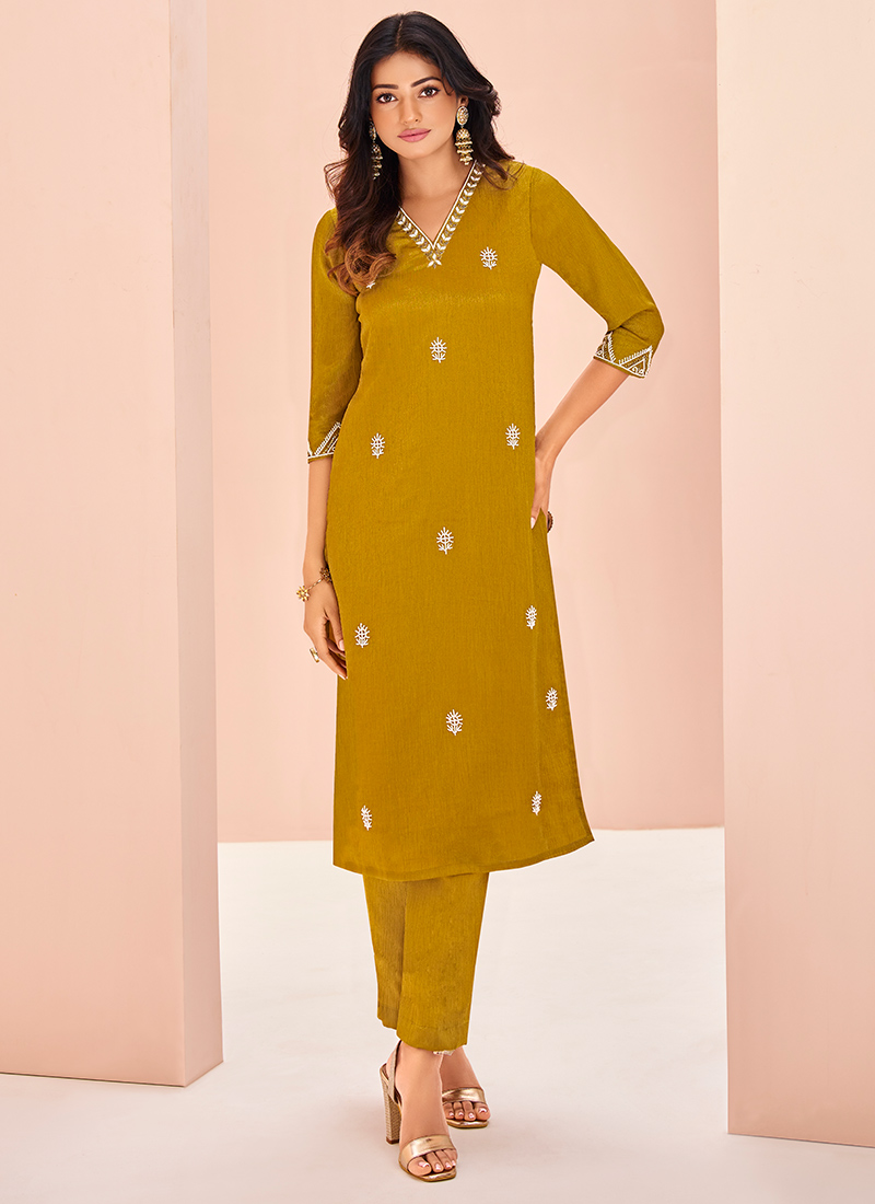 Mustard Chinon Hand Work Kurts Straight Pant Set After Six Wear