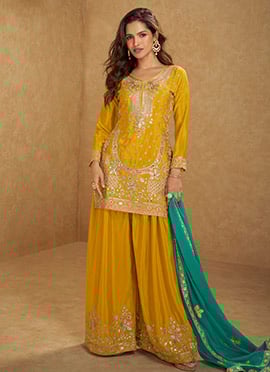 Mustard Chinon Mirror Work Sequins And Embroidered Palazzo Suit