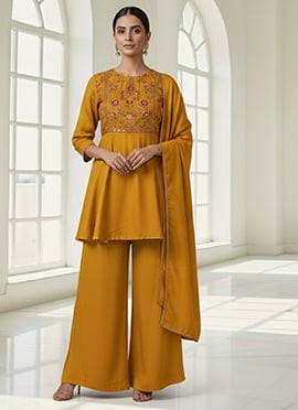 Mustard Chinon Peplum Palazzo Suit with Zari Embroidery