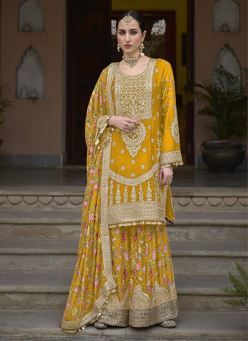 Mustard Chinon Printed Embroidered Sequins Pakistani Palazzo Suit With Dupatta Wedding Wear