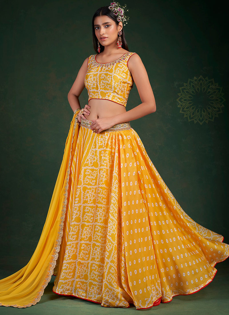 Mustard Chinon Printed Umbrella Lehenga Party Wear