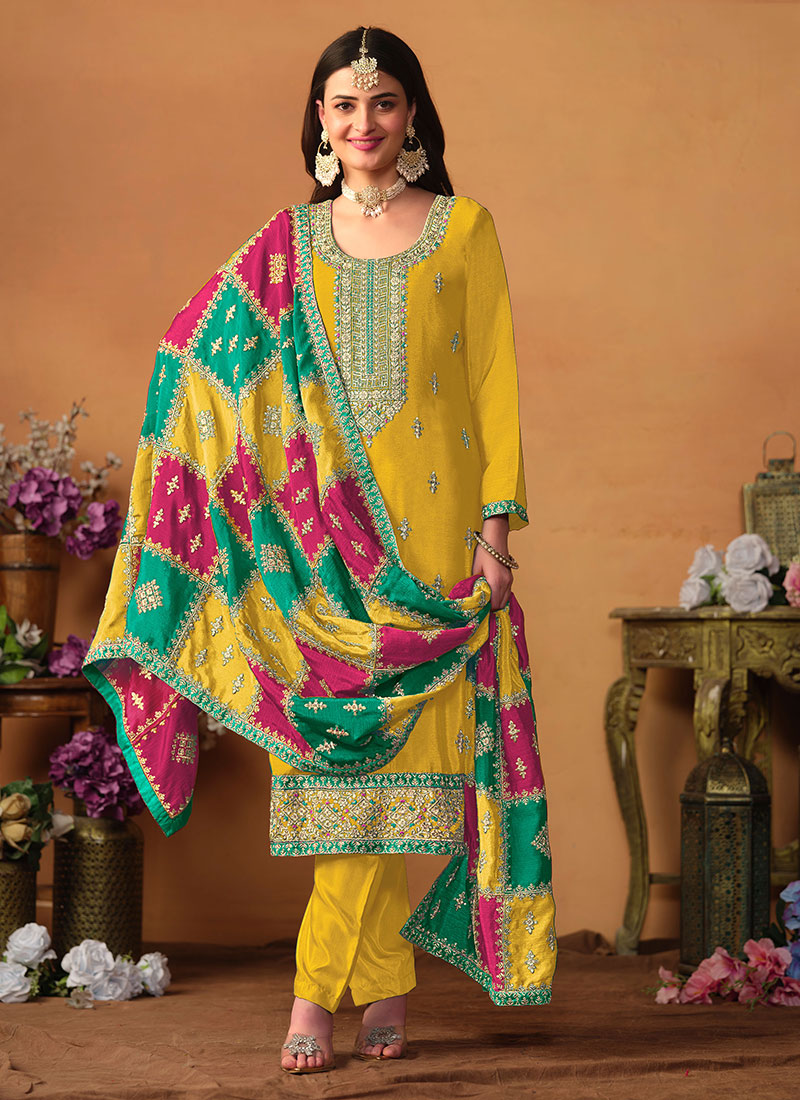 Mustard Chinon Sequins Embroidered Straight Pant Suit