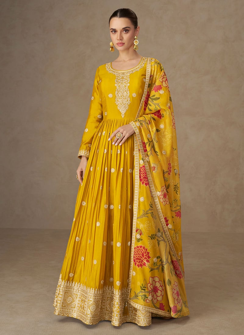 Mustard Chinon Silk Digital Print With Zari Embroidered Sequins Anarkali Suit Festive Wear