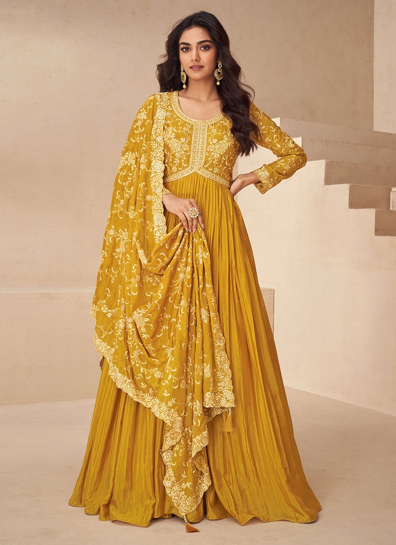 Mustard Chinon Silk Embroidered Sequins Elegant Anarkali Suit Festive Wear