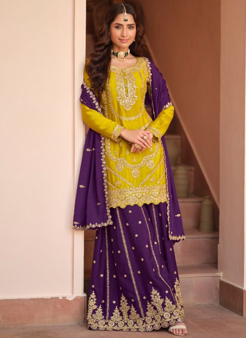Mustard Chinon Silk Embroidered Sequins Palazzo Suit Festive Wear