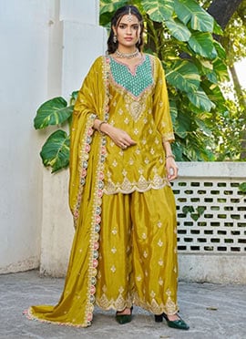 Mustard Chinon Silk Embroidered Sequins Palazzo Suit