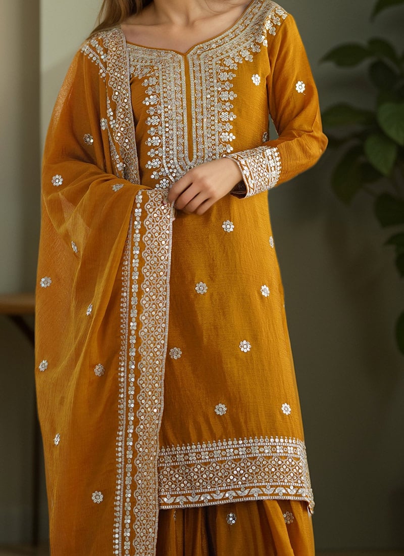 Awesome Chinon Silk Heavy Embroidered Top with Sharara and Dupatta