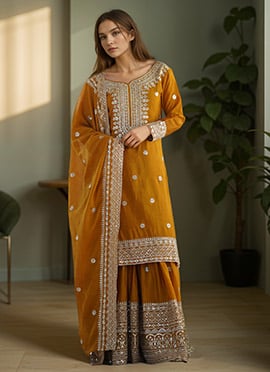 Mustard Chinon Silk Embroidered Sequins Sharara Suit