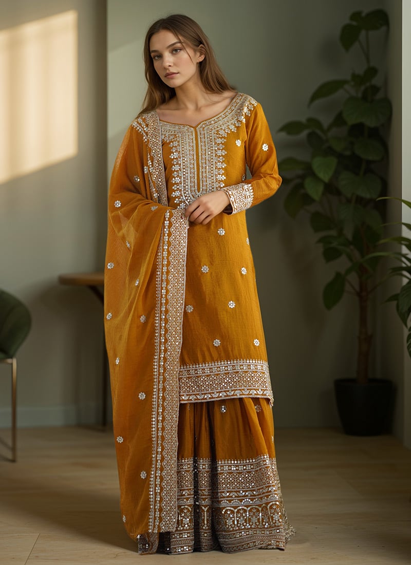 Mustard Chinon Silk Embroidered Sequins Sharara Suit Festive Wear