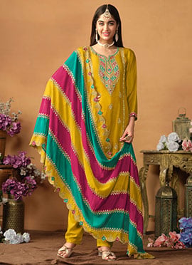 Mustard Chinon Silk Embroidered Sequins Straight Pant Suit