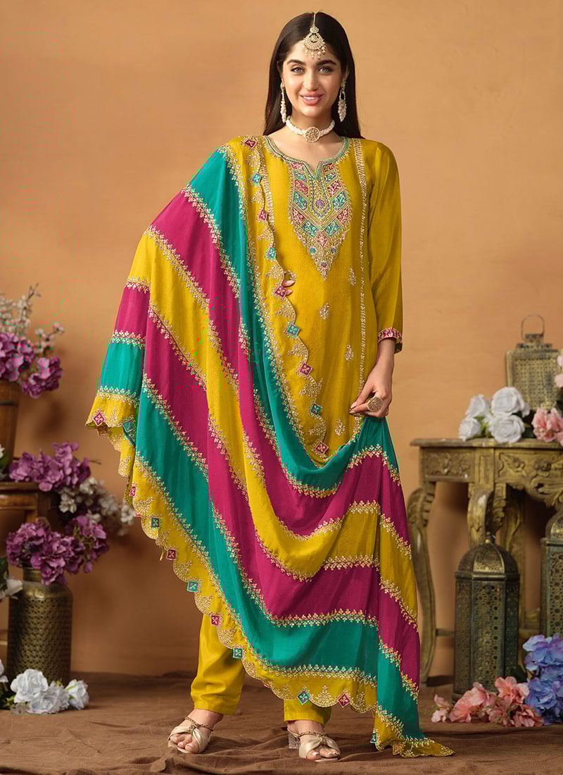 Mustard Chinon Silk Embroidered Sequins Straight Pant Suit Festive Wear