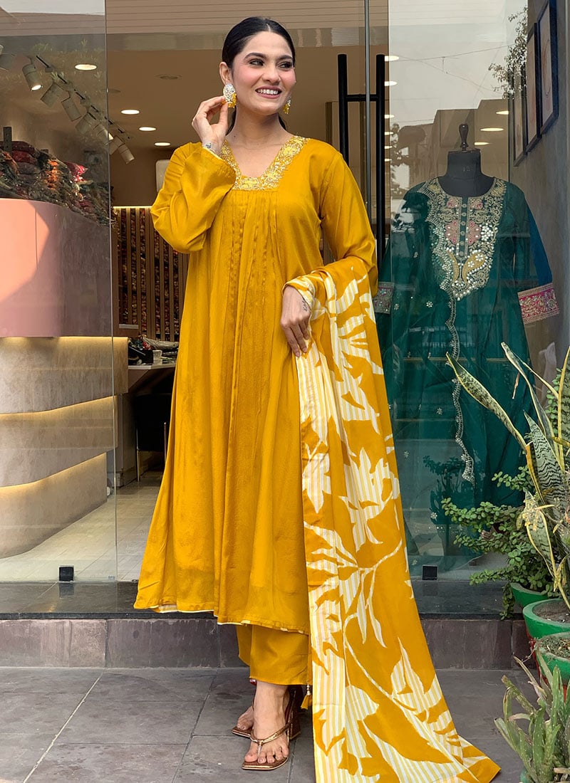 Mustard Chinon Silk Embroidered Straight Pant Suit With Digital Printed Dupatta Festive Wear