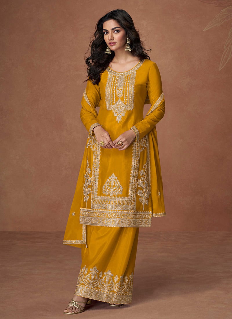 Mustard Chinon Silk Sequins Embroidered Palazzo Suit