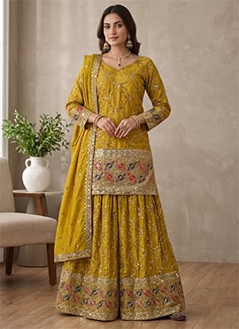 Mustard Chinon Silk Sequins Embroidered Sharara Suit